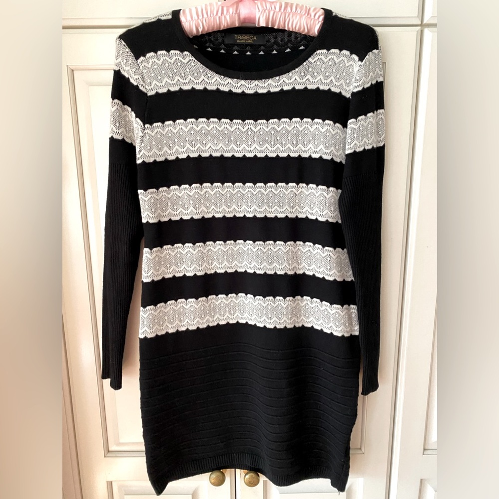 Tribeca knit sweater mini dress black white stripes size XS